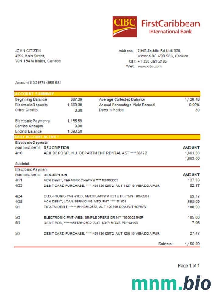 Canada CIBC Bank szablon w formacie excel pdf
